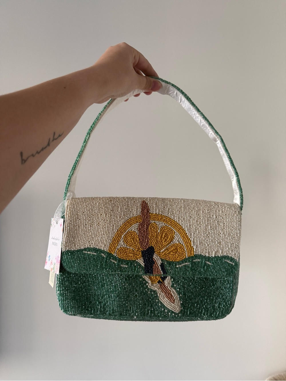 Beaded Green and Cream Handbag with Citrus and Swimmer Motif